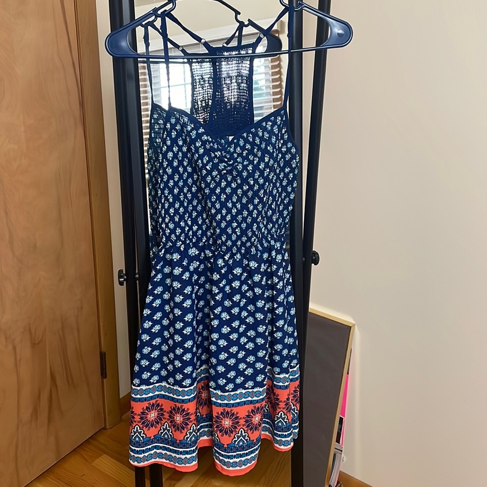 Mini dress, blue and coral with design, medium